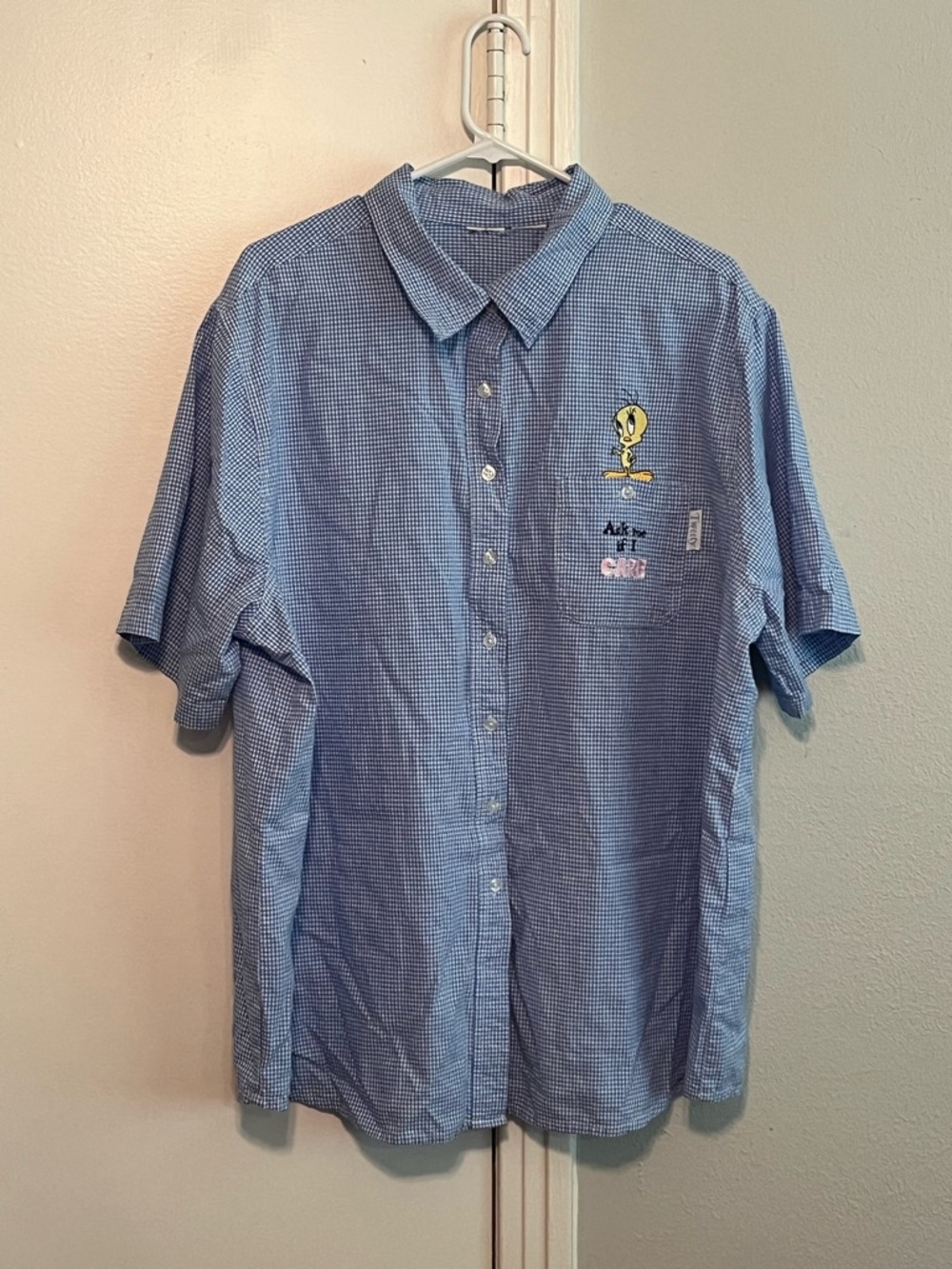 Vintage Looney Tunes Tweety Bird "I'm Shy" Gingham Button-Up Shirt NO TAGS